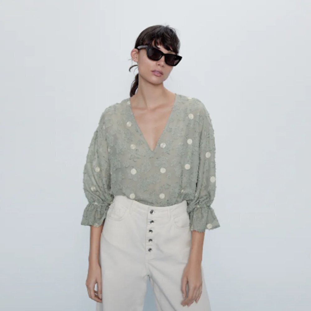 Zara Textured Eyelash Weave Green Dotted Blouse Sz S